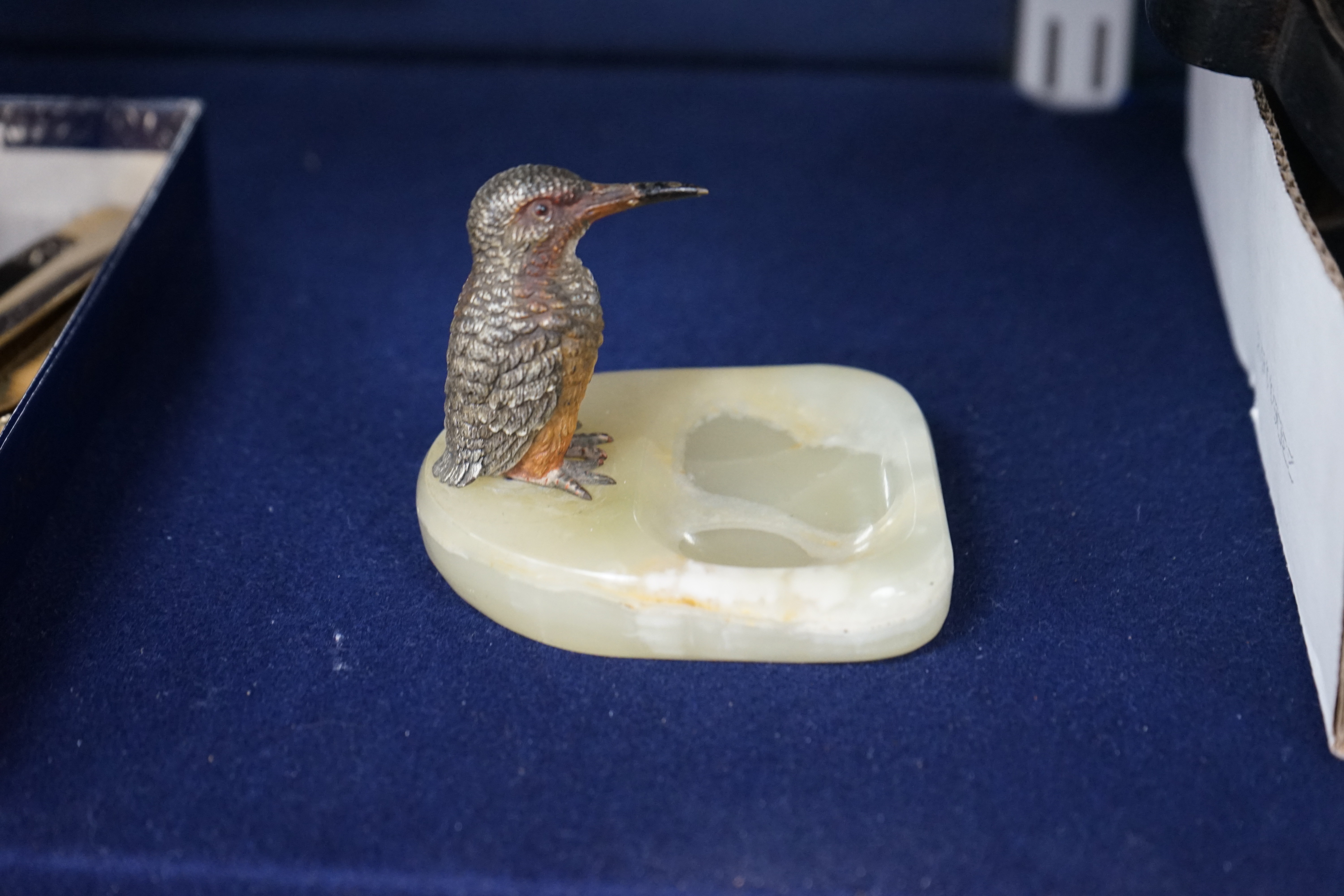 A cold painted bronze and onyx ‘kingfisher’ ashtray, 7cm tall. Condition - fair to good, some wear to beak